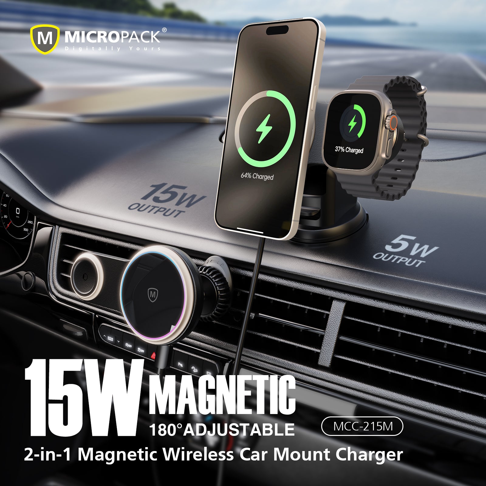 2-in-1 Magnetic Wireless Car Mount Charger Phone Holder MCC-215M