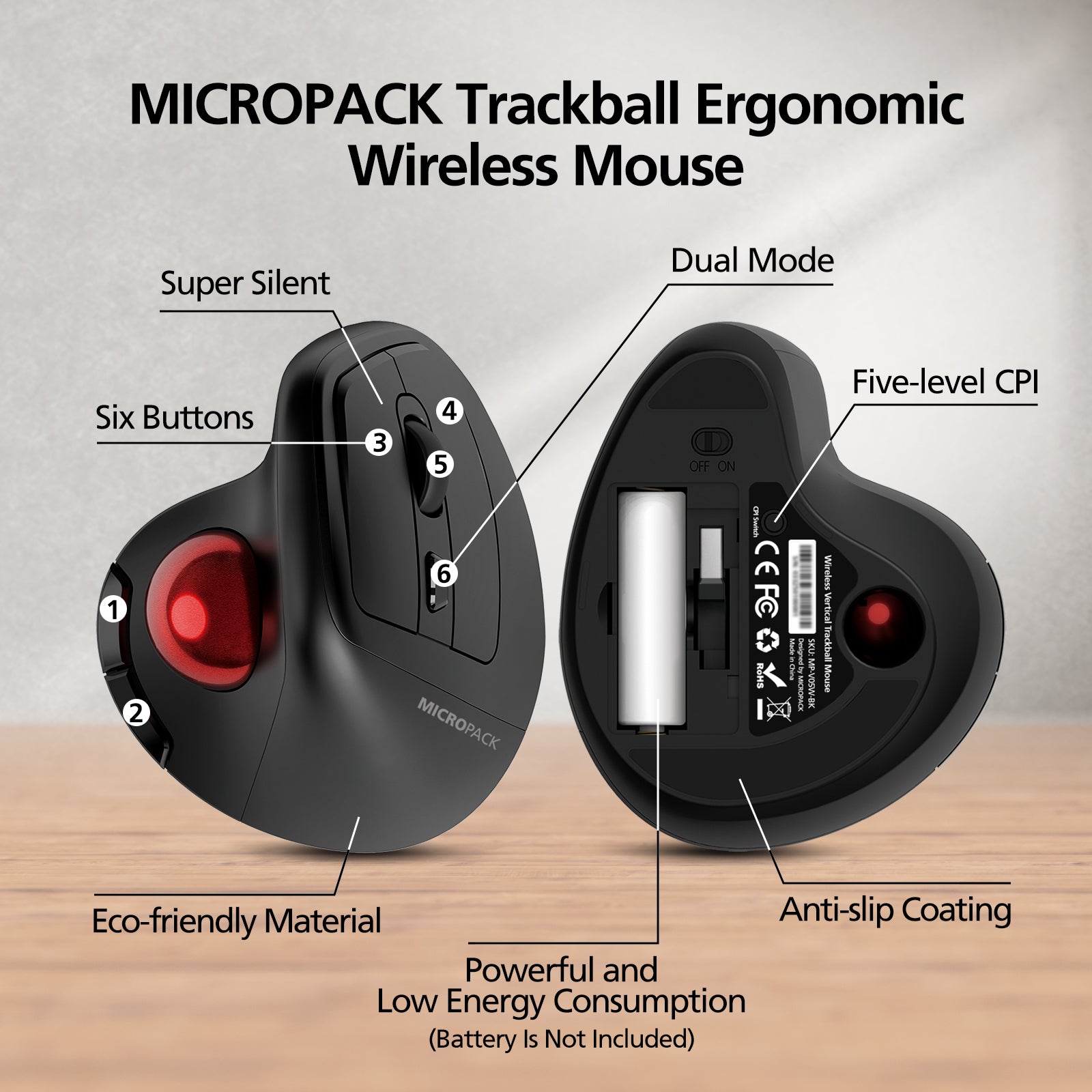 Ergonomic Design Vertical Trackball Bluetooth Wireless Mouse MP-V05W